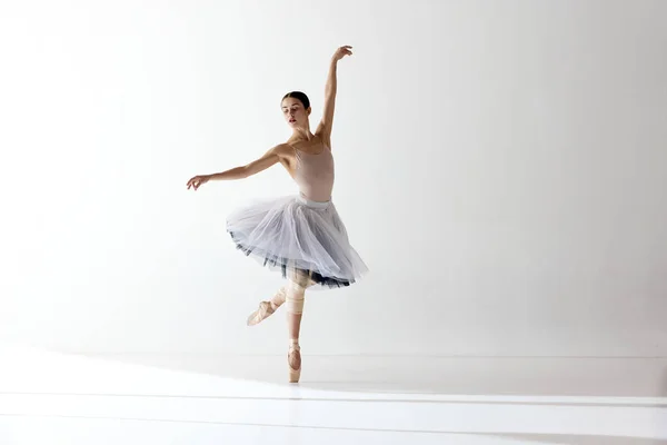 独唱表演 拍了一个可爱的芭蕾舞演员与优雅的手在白色背景 艺术家 动作和运动的概念 芭蕾的美丽 — 图库照片
