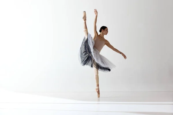 表现出灵活性 年轻而美丽的芭蕾舞演员正在一个白色的工作室里表演和跳舞 美丽的概念古典芭蕾舞艺术 芭蕾的美学 — 图库照片