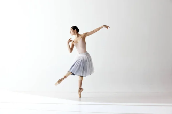 优雅的芭蕾舞演员 芭蕾舞 在白人背景上跳舞的漂亮女子 灵活性 灵感的概念 当代舞蹈的美丽 — 图库照片