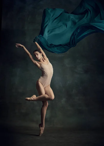 Ballet Silk Charming Ballerina Posing Silk Fabric Dark Green Background — Stock Photo, Image