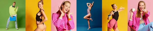 Collage Con Giovane Bella Ragazza Diversi Stili Vestiti Attività Sfondo — Foto Stock