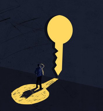 Büyük gol. Anahtar için boş yeri olan duvara bakan bir adam. Çağdaş sanat kolajı. İş kavramı, standartlar, güçlükler, sorun çözme, doğru karar, strateji, çözüm, sıkı çalışma