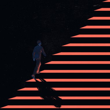 Kariyer merdiveni, merdiven. Takım elbiseli bir adam parlak bir gelecek için merdivenleri tırmanıyor. Çağdaş sanat kolajı. İş, iş, hırs, kişisel ve mesleki büyüme, motivasyon kavramı