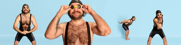 一组图片 穿着泳衣 护目镜和泳帽的滑稽胡子男子在蓝色背景下的情感姿势 运动的概念 积极的生活方式和幽默 滑稽的迷因情绪 — 图库照片
