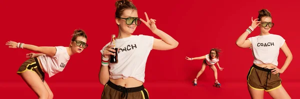 티셔츠를 반바지를 배경에 선글라스를 매력적 소녀의 스포츠와 젊음의 관습적 활동적 — 스톡 사진