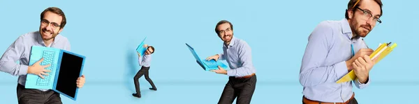 Зображення Молодого Бородатого Чоловіка Сорочці Окулярах Працюють Ноутбуком Синьому Фоні — стокове фото
