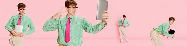 Uppsättning Bilder Ung Glad Man Student Och Anställd Färgglada Skjorta — Stockfoto