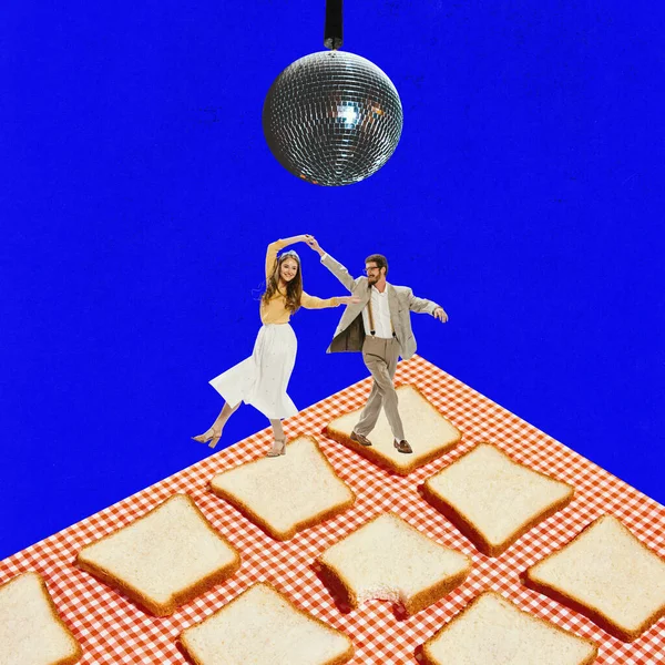 Table with toasts. Portrait of beautiful couple wearing vintage clothes dancing on table under disco ball. Art collage. Surrealism, disco party, weekend, holiday, retro, vintage, ad concept