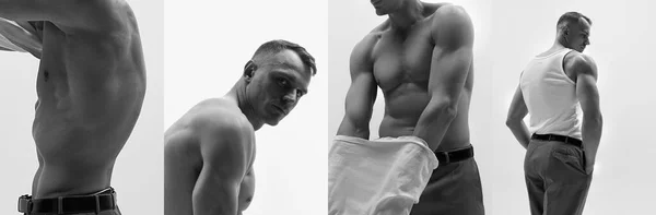 Collage Mit Bildern Männlicher Models Die Posieren Schwarz Weiß Mann — Stockfoto