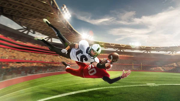 绿草上的竞争 美国职业足球运动员在运动和行动与球在比赛中超过3D的大竞技场模型 Art Sport Team Energy Power — 图库照片