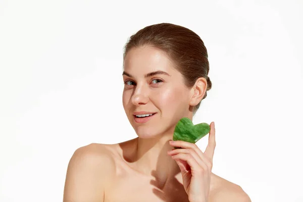 Guasha Massage Young Beautiful Woman Taking Care Face Skin Doing — Stock Photo, Image