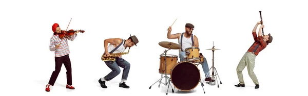 人々のグループとコラージュ 白を背景に情熱的にさまざまな楽器で演奏ヴィンテージの服を着てミュージシャン 60年代ヴィンテージスタイル レトロ 広告コンセプト — ストック写真