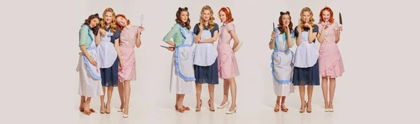 Collage Group Adorable Housewives Wearing Retro Styled Uniform American Fashion — Stock Photo, Image