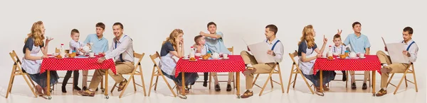 Desayunando Collage Con Familia Feliz Amigable Padres Hijos Vistiendo Ropa —  Fotos de Stock