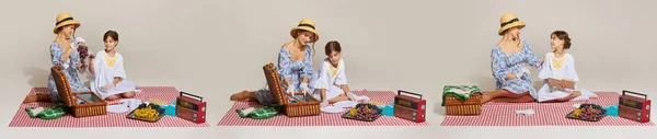 Piquenique Colagem Com Adorável Mãe Filha Vestindo Roupas Vintage Tendo — Fotografia de Stock
