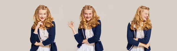 Коллаж Невероятной Красивой Молодой Женщиной Девушка Винтажной Одежде Позировать Положительными — стоковое фото
