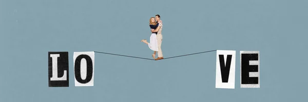 Contemporary art collage with stunning couple of lovers standing on rope with letters over white background. Concept of love, relationship, surrealism, fashion, new vision, ad, art, mood, inspiration