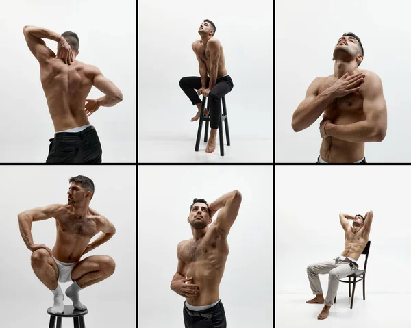Collage Med Bilder Muskulös Manlig Modell Poserar Mannen Som Poserar — Stockfoto