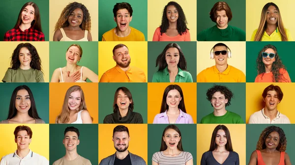 一大群不同族裔的笑容满面的男女大学生 他们对绿色和黄色背景表达着快乐快乐的情绪 多种族社会 广告的概念 — 图库照片