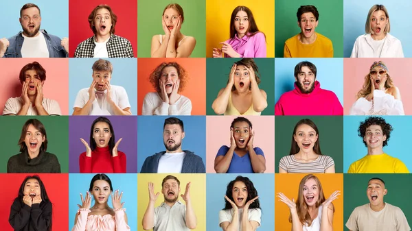 Geschokt Verrast Heldere Emoties Menselijke Emoties Collage Van Diverse Mensen — Stockfoto