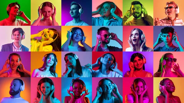 Music lovers. Collage of ethnically diverse people, men and women expressing emotion of pleasure over multicolored neon background. Concept of happiness, youth, hobby, motivation and team.