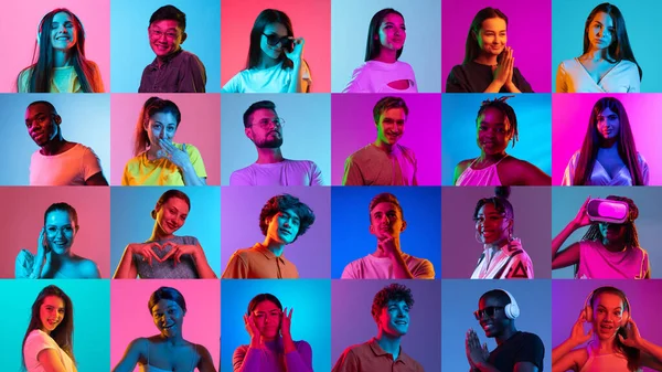 Multiracial happy society. Collage of large group of ethnically diverse smiling people, men and women expressing cheerful emotions over neon background. Concept of youth, success, team, ad