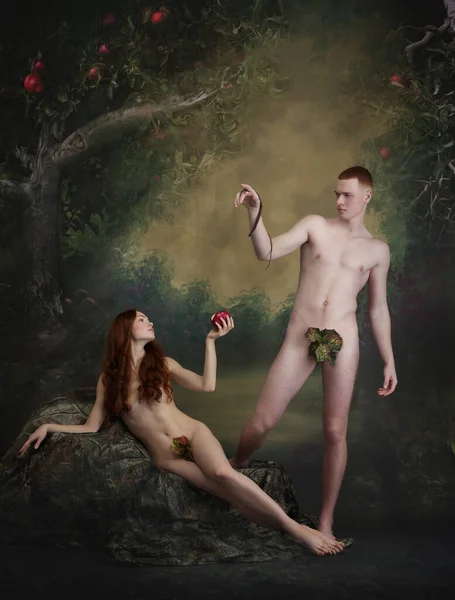Meeting. Eves hand holding the forbidden fruit, apple to tempting Adam in the garden of Eden over vintage style background. Art, creativity, beauty, eras comparison concept