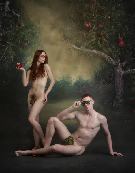 Antique fashion. Cinematic portrait, contemporary picture Adam and Eve. Man and woman in image of famous characters over vintage style background. Art, creativity, beauty, eras comparison concept