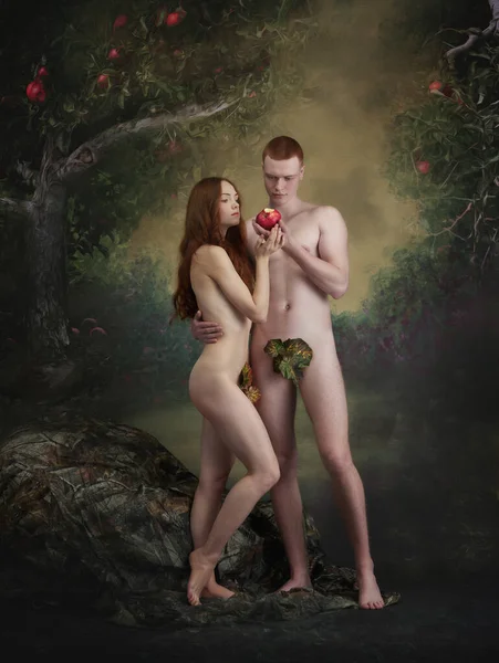 Forbidden fruit. Cinematic portrait, replica of picture Adam and Eve. Man and redhaired woman in image of famous characters on vintage background. Art, creativity, beauty, eras comparison concept
