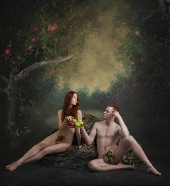 Forbidden fruit. Cinematic portrait, replica of famous characters. Beautiful Adam and Eve holding apples over vintage style background. Art, creativity, eras comparison concept