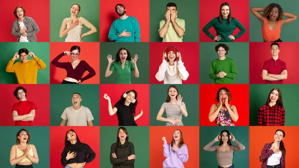 Emozioni Gioiose Espressioni Facciali Collage Con Giovani Etnicamente Diversi Uomini — Foto Stock