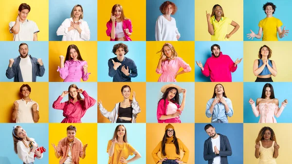 Surprise, joy. Collage with young ethnically diverse people, men and women expressing different emotions over yellow and blue studio background. Concept of team, job fair, student, university, ad
