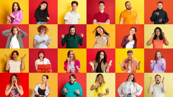 与不同种族的年轻人 男人和女人在黄色和红色工作室背景上表达不同的情感的大学 团队概念 招聘会 — 图库照片