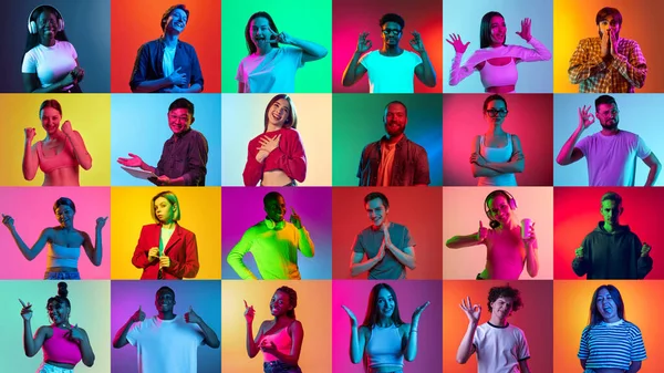 Sürpriz Neşe Farklı Etnik Çeşitliliğe Sahip Insanlarla Kolaj Neon Işıkta — Stok fotoğraf
