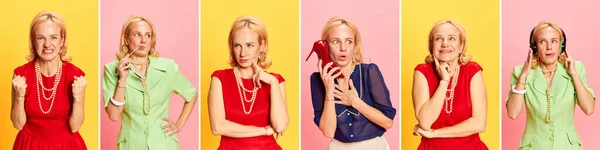 Koláž Detailních Portrétů Legrační Ženy Retro Oblečení Vyjadřující Různé Emoce — Stock fotografie