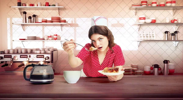 Stylish young female waitress in retro american fashion style of 70s, 80s sitting at table and eating pie over 3D model of diner interior, restaurant. Vintage cafe service. Concept of food, art, ad