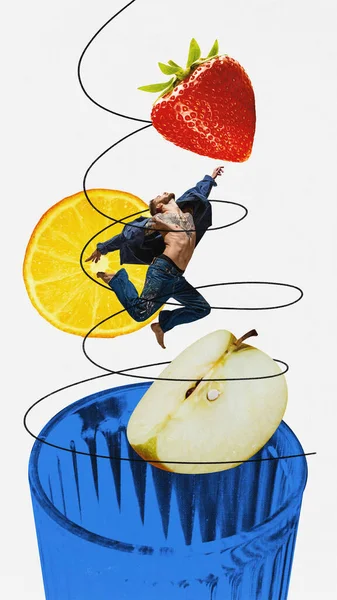 Limonada Frutas Verano Collage Arte Contemporáneo Con Hombre Joven Cayendo — Foto de Stock