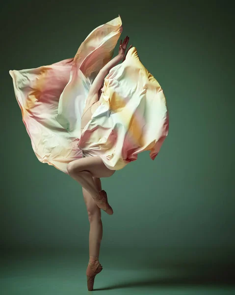 Bailarina Jovem Dançarina Clássica Vestindo Vestido Voador Colorido Dançando Ponta — Fotografia de Stock