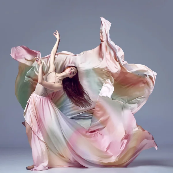 Inspired Young Beautiful Ballerina Wearing Rainbow Dress Dancing Grey Studio — Stock Photo, Image