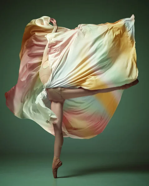 Standing tiptoe. One graceful ballerina wearing rainbow dress dancing on dark green studio background. Beauty of contemporary dance. Ballet art, motion, flexibility, inspiration, beauty concept