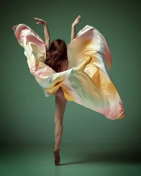 运动的美学 一个迷人的芭蕾舞演员的背影 穿着华丽的五彩斑斓的衣服 踮着脚尖在深绿色的工作室背景上摆姿势 创造力的概念 — 图库照片