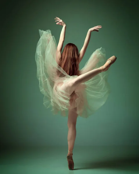 一个可爱芭蕾舞者的背影 穿着优雅衣服的女人在深绿色工作室的背景下踮着脚尖跳舞 当代艺术 优雅的概念 — 图库照片