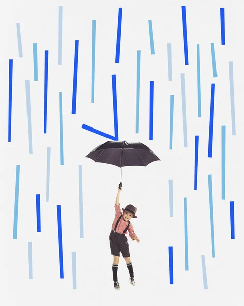 Esős Őszi Időjárás Kortárs Művészeti Kollázs Egy Retro Öltönyös Kisfiúval — Stock Fotó
