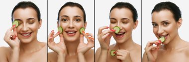 Ev prosedürleri. Çıplak omuzlu, beyaz arka planda salatalıklı yüz maskesi takan neşeli, tapılası genç bir kadınla kolaj. Güzellik, moda, cilt bakımı, duygular, reklam. Model mutlu, heyecanlı görünüyor.