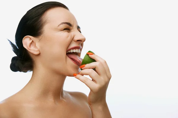 Portrait Funny Young Adorable Woman Bare Shoulders Licking Sour Lime — Stock Photo, Image
