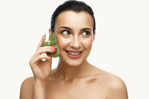 Face Massage Portrait Caucasian Woman Natural Makeup Look Smooth Skin — Stock Photo, Image