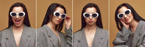 Kolaj Beyaz Güneş Gözlüğü Takan Kameraya Farklı Duygularla Bakan Güzel — Stok fotoğraf