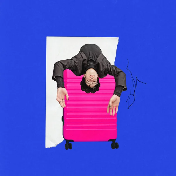 Hedendaagse Kunstcollage Met Uitgeputte Jongeman Student Grote Roze Koffer Wachtend — Stockfoto