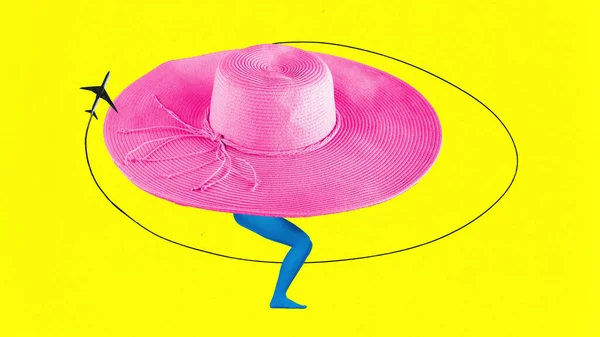 Τριπ Σύγχρονη Τέχνη Κολάζ Μεγάλο Ροζ Καπέλο Που Καλύπτει Γυναικεία — Φωτογραφία Αρχείου