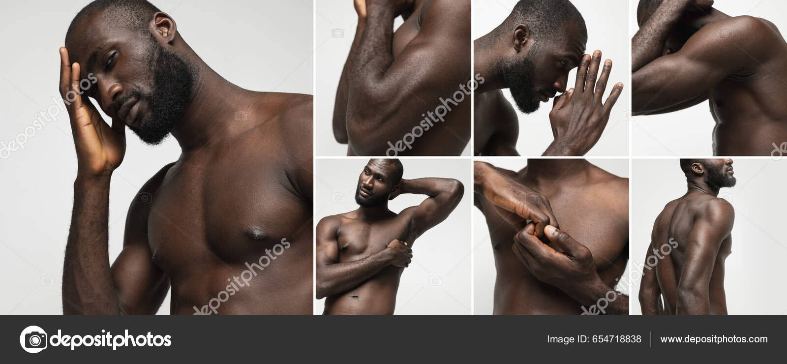 Three views of muscular shirtless male bodybuilder: back, front and profile  shot, isolated on white b… | Male model body, Human poses reference, Male  pose reference